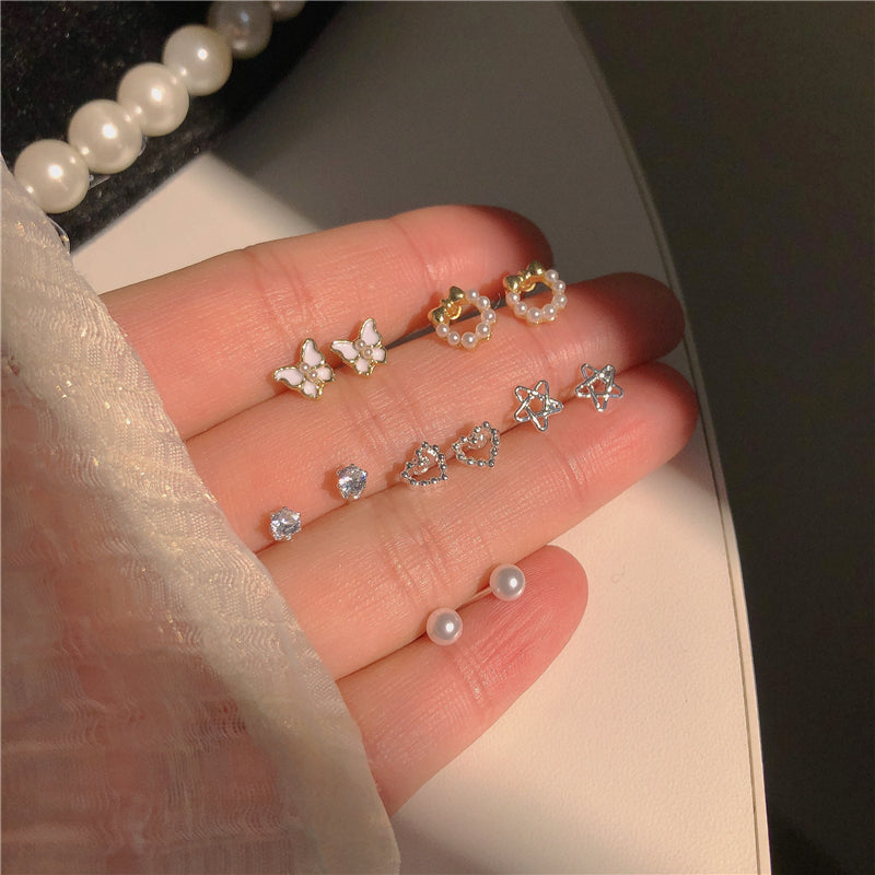 New Star Heart Bow Pearl Stud Earrings Set