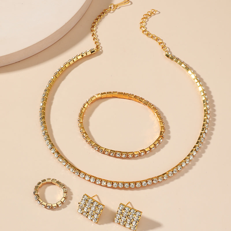 Bridal Jewelry Rhinestone Chain Necklace Bracelet Ring Earrings Set