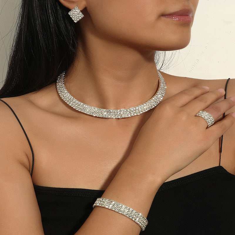 Bridal Jewelry Rhinestone Chain Necklace Bracelet Ring Earrings Set