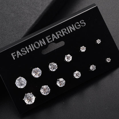 Fashion Round Diamond Stud Earrings 6 Pairs Set