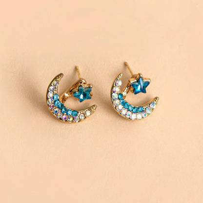 Star And Moon Rhinestone Stud Earrings Alloy