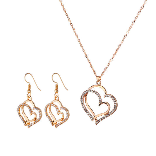 Rhinestone Double Heart Necklace And Earrings Set