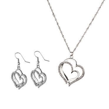 Rhinestone Double Heart Necklace And Earrings Set