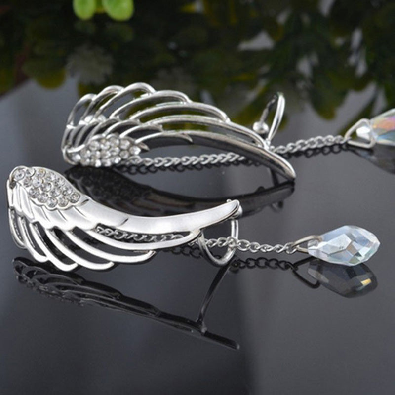 Rhinestone Tassel Crystal Water Drop Angel Wing Stud Earrings