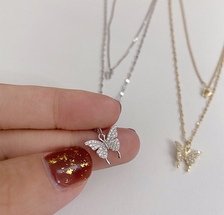 Fashion Double Rhinestone Butterfly Pendent Alloy Necklace