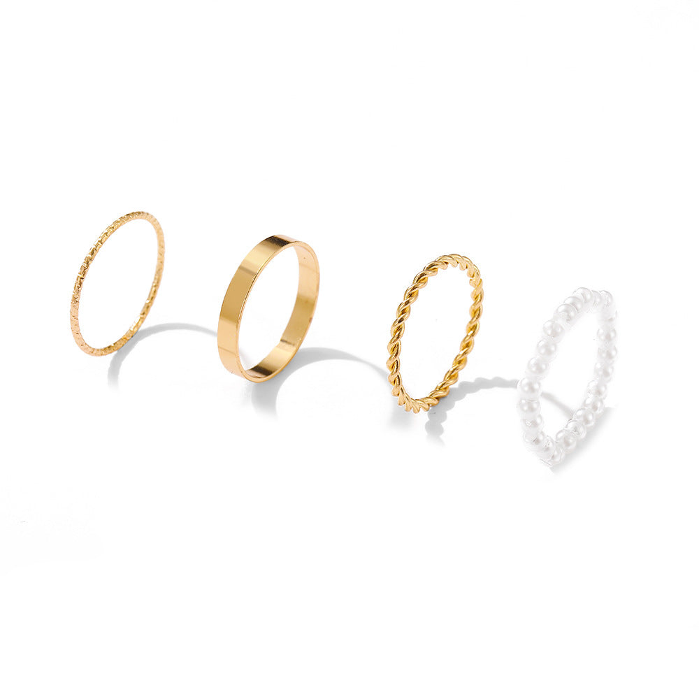 Fashion Simple Pearl Wave Twist Joint Alloy Ring Four-piece Set