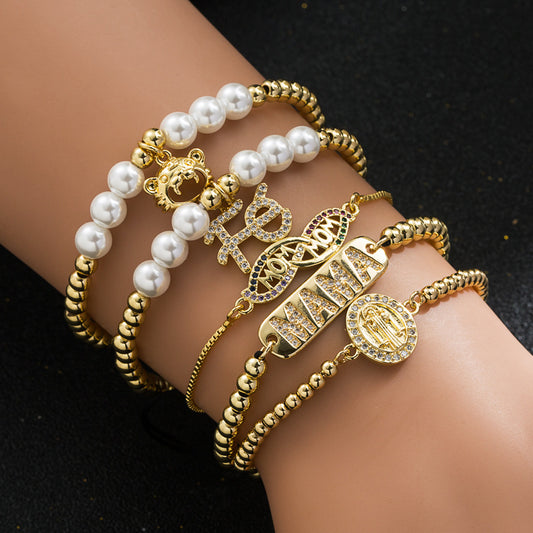 Simple Mama Pearl Virgin Mary Copper Zircon Gold-plated Bracelet