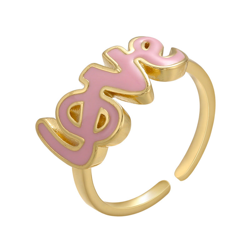 Oil Dripping Simple Letter Color Copper Ring Retention Plating