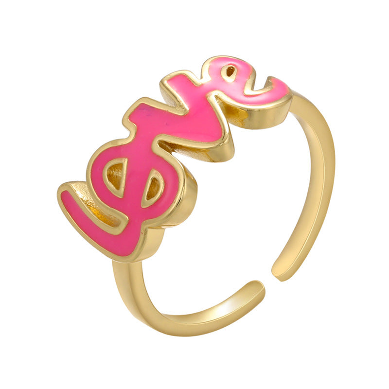 Oil Dripping Simple Letter Color Copper Ring Retention Plating