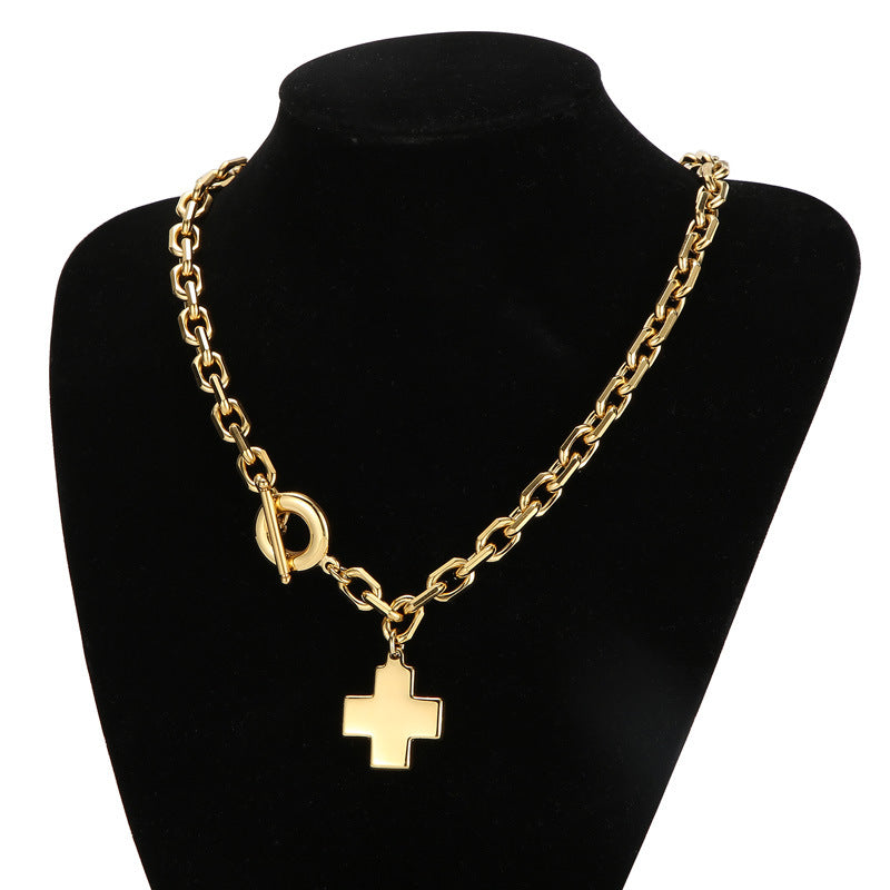 Fashion Stainless Steel 18k Gold Cross Pendant Ot Buckle Jewelry Set