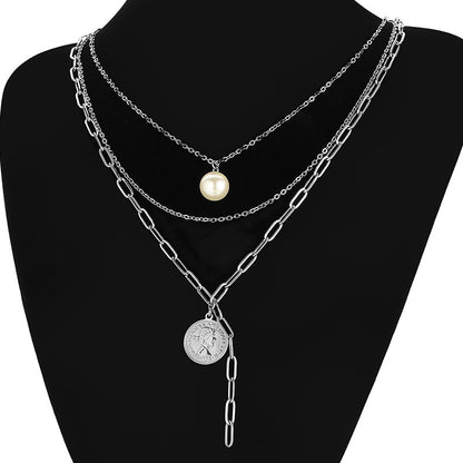 Fashion Stainless Steel Plastic Beads Multi-layer Portrait Coin Necklace