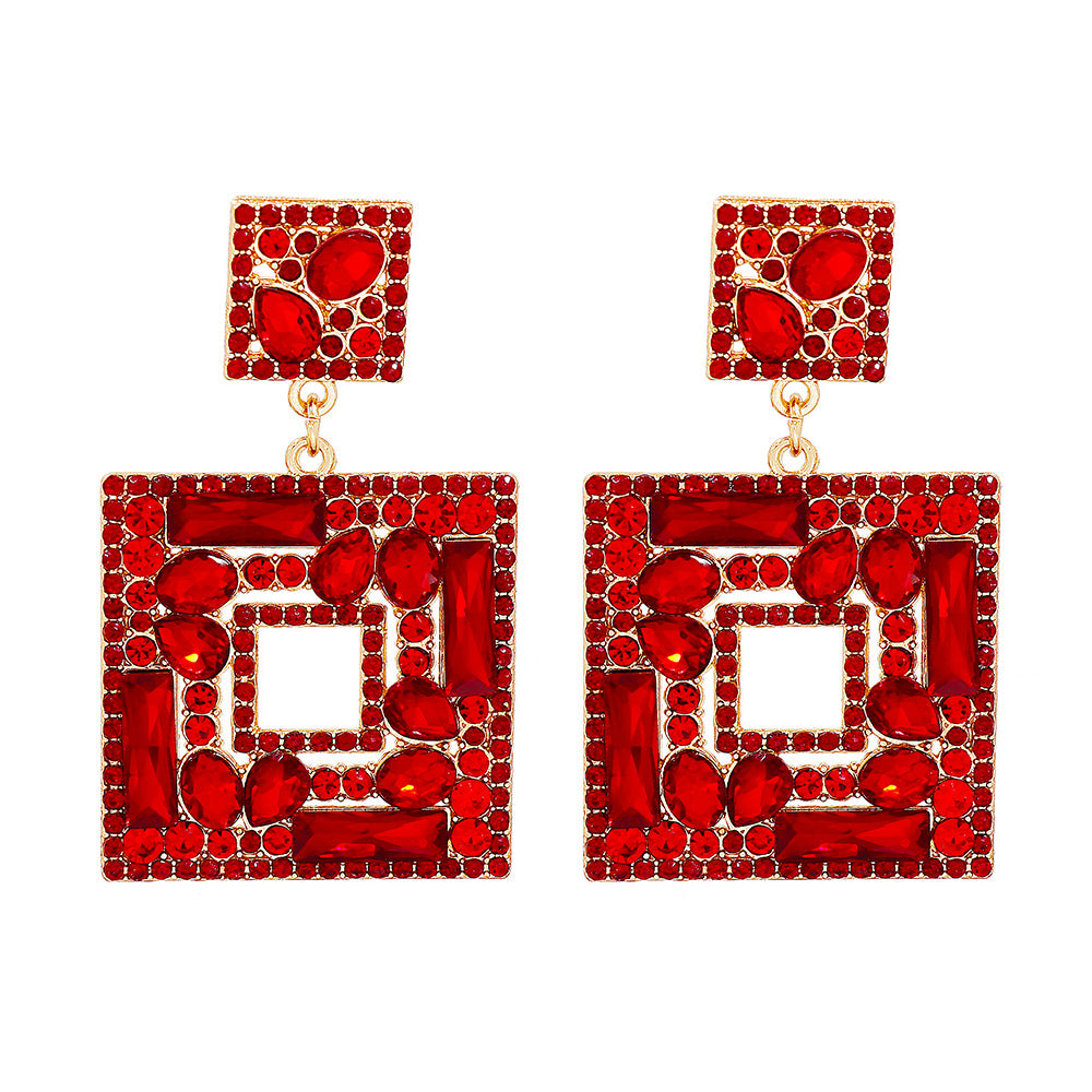 New Geometric Color Diamond Square Hollow Pendant Earrings