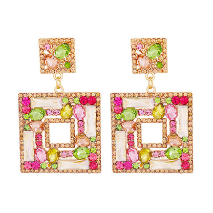 New Geometric Color Diamond Square Hollow Pendant Earrings