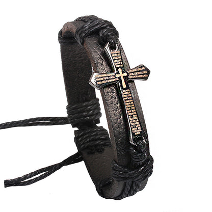 Jewelry Retro Cross Metal Punk Letter Engraving Leather Alloy Bracelet