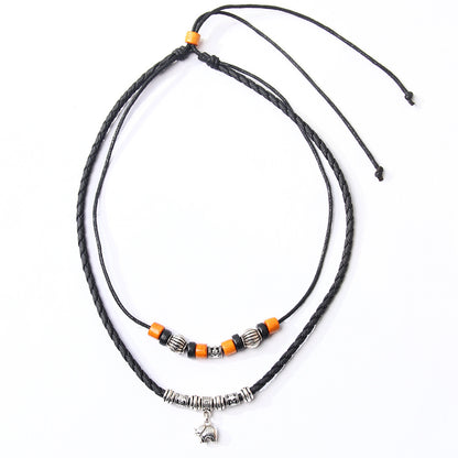 Simple Alloy Elephant Pendant Multi-layer Wooden Bead Necklace
