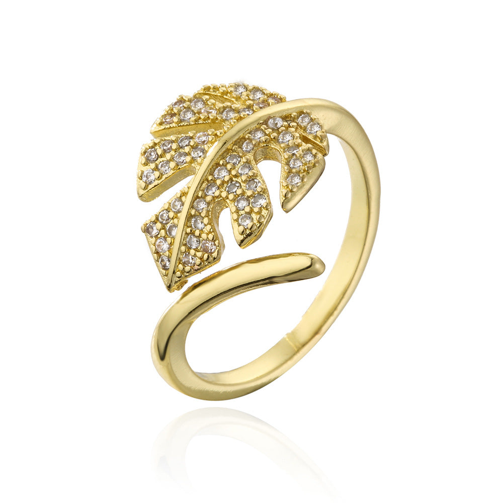 Fashion Copper 18k Gold Zircon Leaf Geometric Shape Open Ring Female