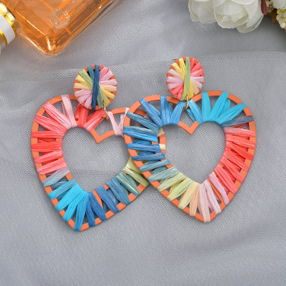 New Heart-shaped Geometric Square Round Raffia Earrings