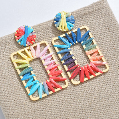 New Heart-shaped Geometric Square Round Raffia Earrings