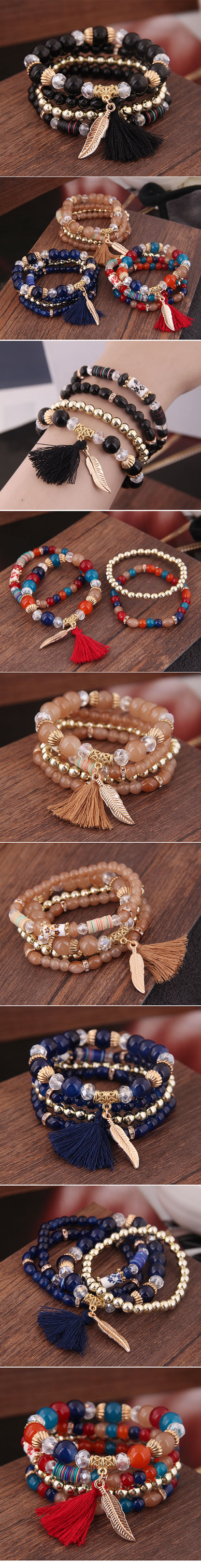 Simple And Colorful Acrylic Beads Fringed Leaf Pendant Multilayer Fashion Bracelet