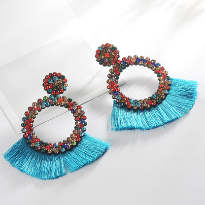 Fashion New Rhinestone Tassel Colorful Geometric Large Earrings