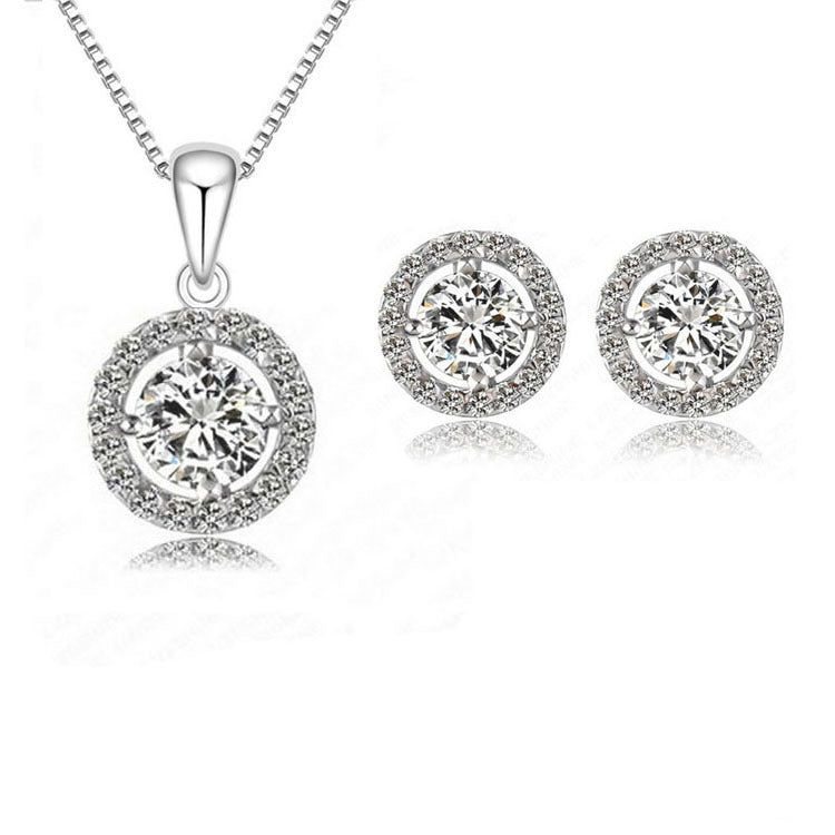 Fashion Round Rhinestone Pendant Bracelet Alloy Earrings Necklace Suit