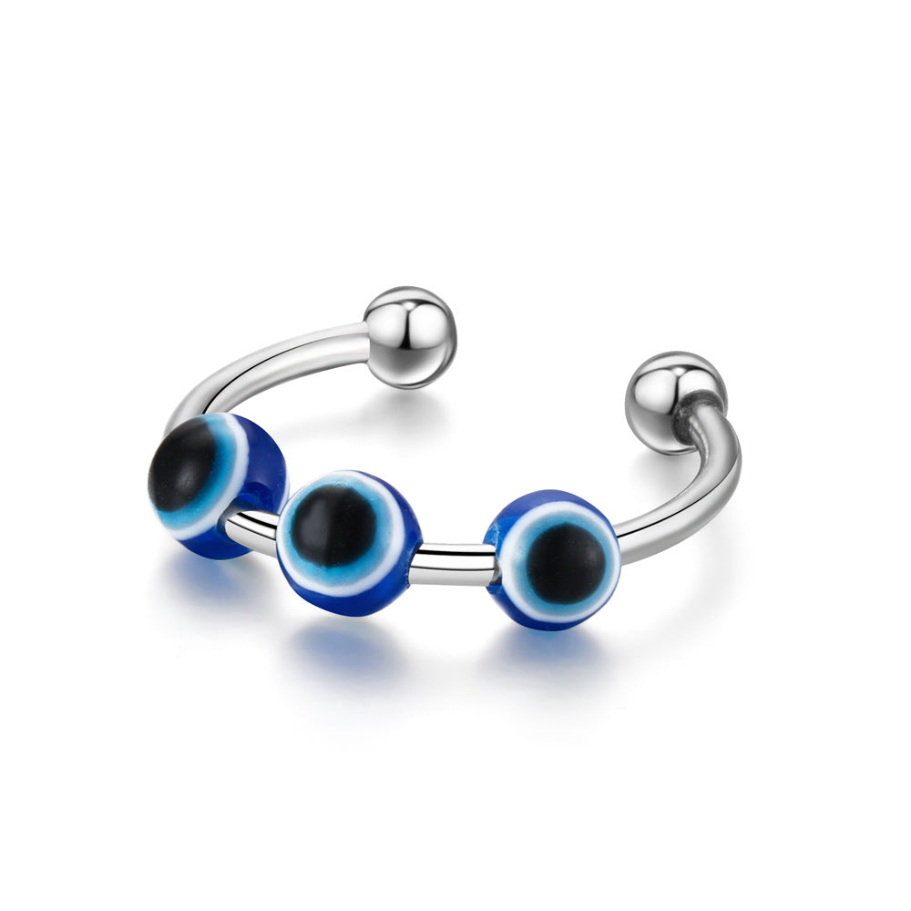 Fashion Creative Rotatable Decompression Anti-anxiety Open Mouth Devil's Eye Blue Eyes Stainless Steel Ring