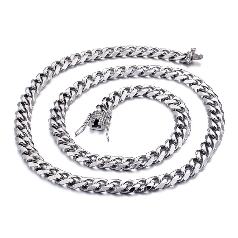 European And American Men's Stainless Steel Thick 13mm Bracelet Necklace Set