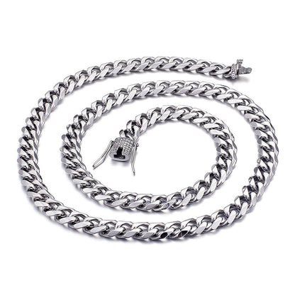 European And American Men's Stainless Steel Thick 13mm Bracelet Necklace Set