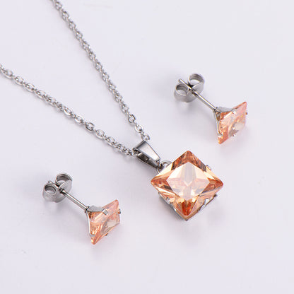 Fashion Colorful Zircon Square Pendant Earrings Necklace Set