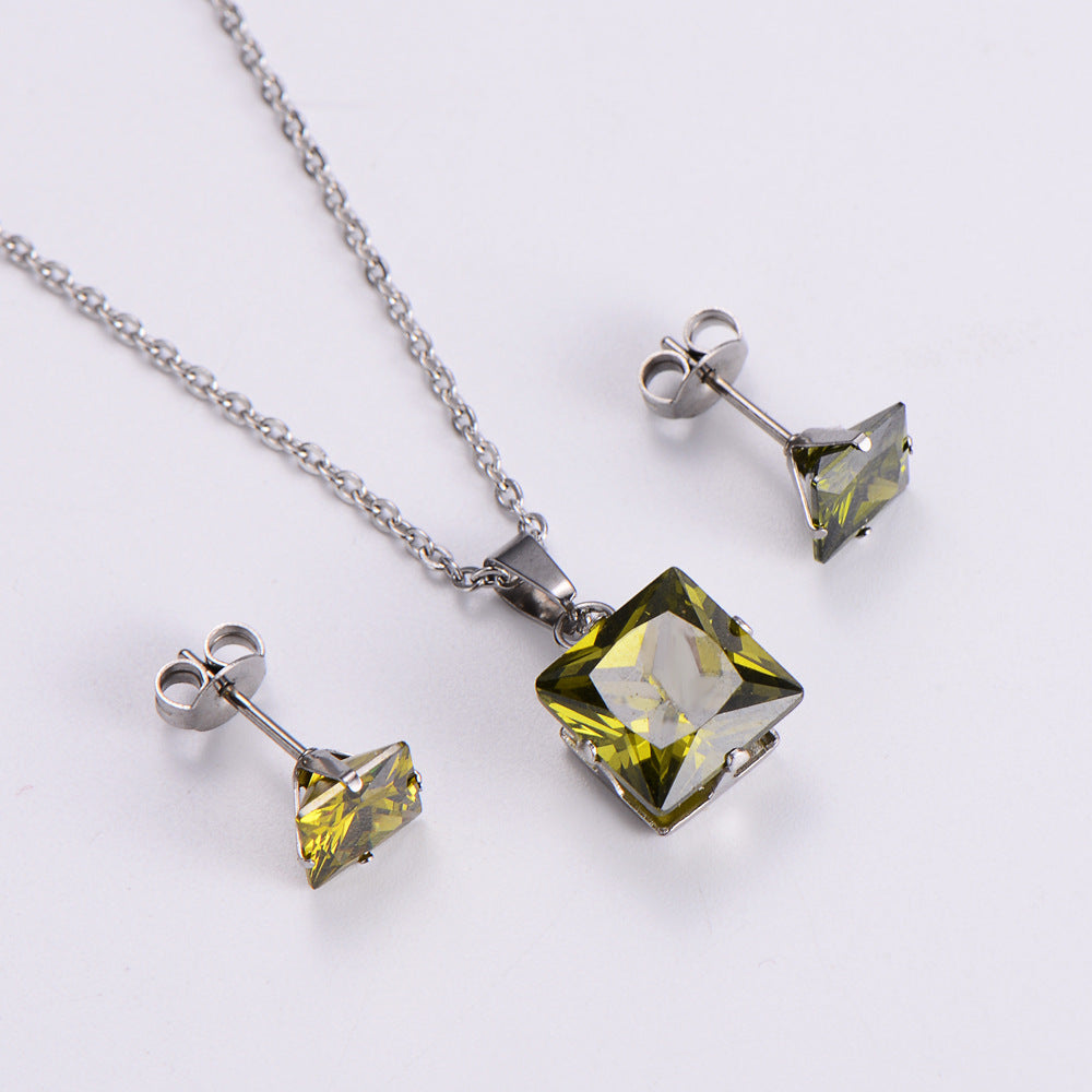 Fashion Colorful Zircon Square Pendant Earrings Necklace Set