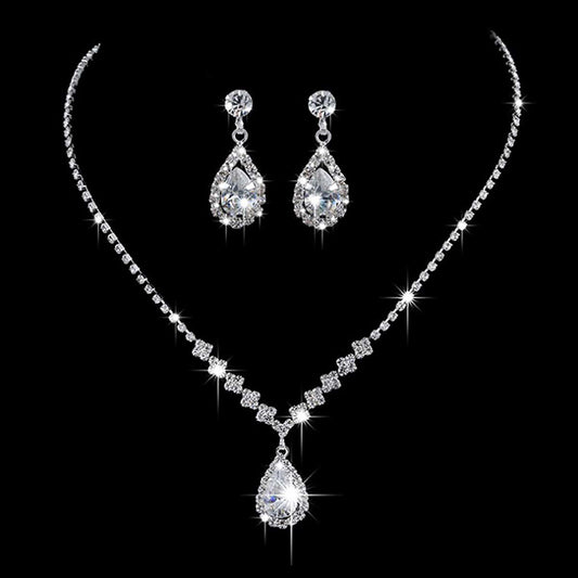Evening Party Dress Accessories Bridal Jewelry Crystal Water Drop Zircon Necklace And Earring Suit