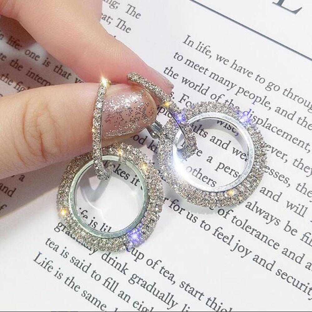 Silver Needle Rhinestone Circle Long Earrings Elegant Korean Personalized Eardrops European And American High-profile Earrings Women Wholesale