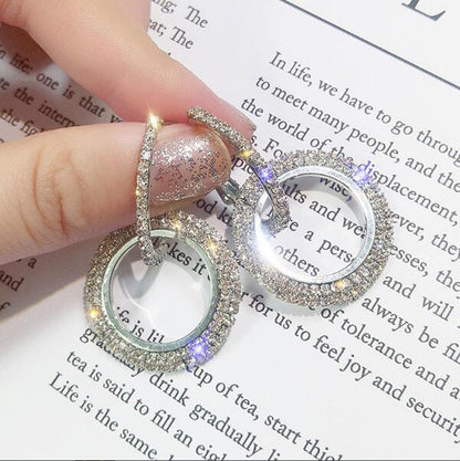 Silver Needle Rhinestone Circle Long Earrings Elegant Korean Personalized Eardrops European And American High-profile Earrings Women Wholesale