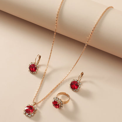 Bridal Suit Dress Accessories Claw Diamond Ruby Necklace Earrings Ring Set