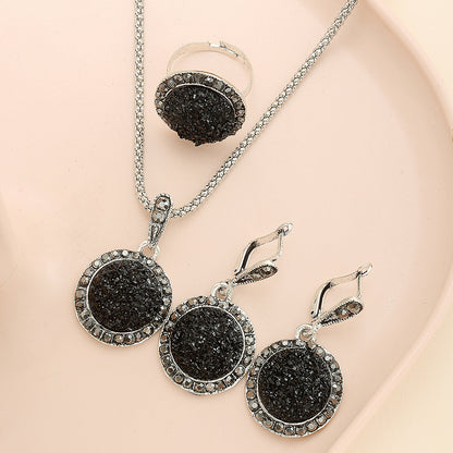 Formal Dress Accessories Gem Round Pendant Alloy Necklace Earrings Ring Set