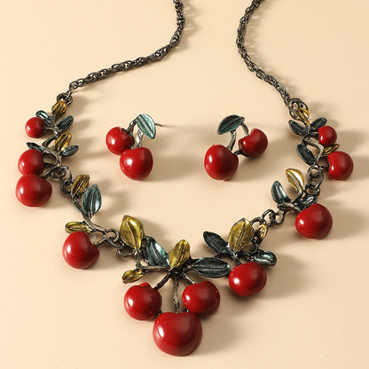 Cute Fruit Red Cherry Pendant Necklace Earrings Set