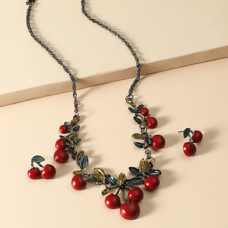 Cute Fruit Red Cherry Pendant Necklace Earrings Set