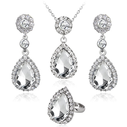 Fashion Simple Multicolor Gem Necklace Ring Earring Three-piece Alloy Diamond Plating White K Jewelry Set