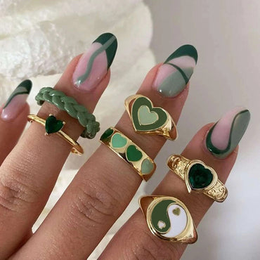 European And American New Fashion Retro Tai Chi Gossip Drop Oil Love Green Diamond Joint Ring Six-piece Set