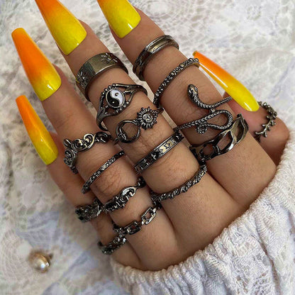 Retro Sun Moon Snake Leaves Flowers Knuckle Ring 16-Piece Ring Set