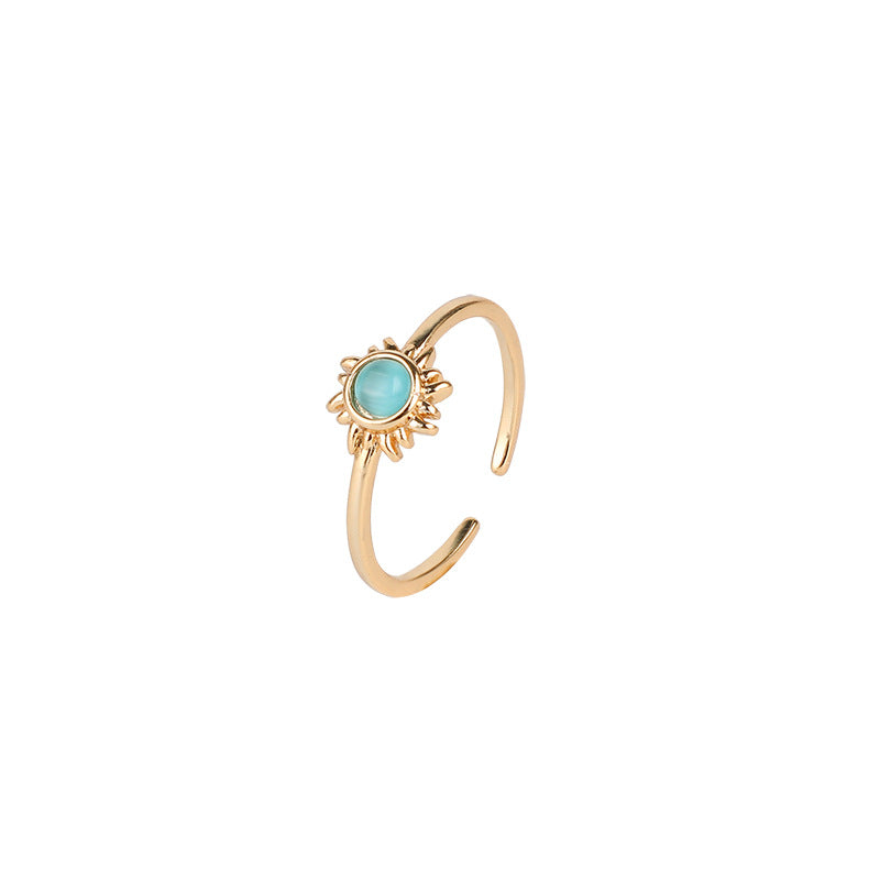 Fashion Retro Sun Gemstone Brass Plated 14k Real Gold Open Adjustable Ring