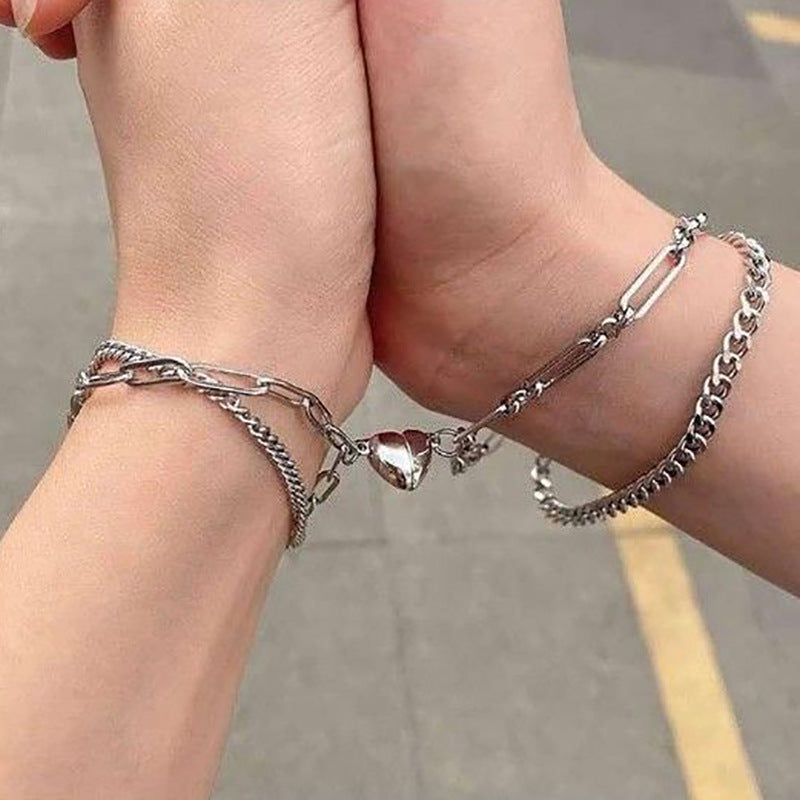 Fashion Sliver Magnet Heart Lock Suction Metal Couple Bracelet