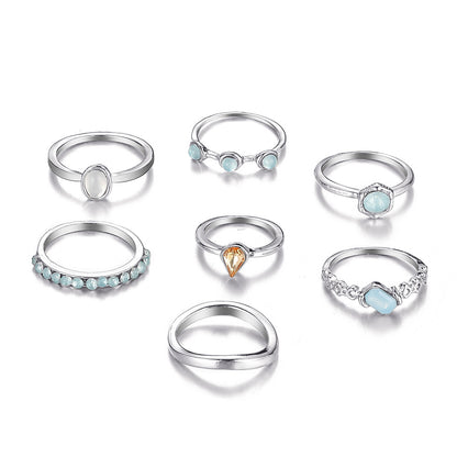 Simple Creative Artificial Gem Inlaid Gold Sliver Metal Open Ring 6-piece Set