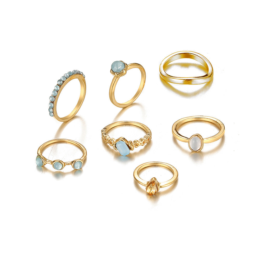 Simple Creative Artificial Gem Inlaid Gold Sliver Metal Open Ring 6-piece Set