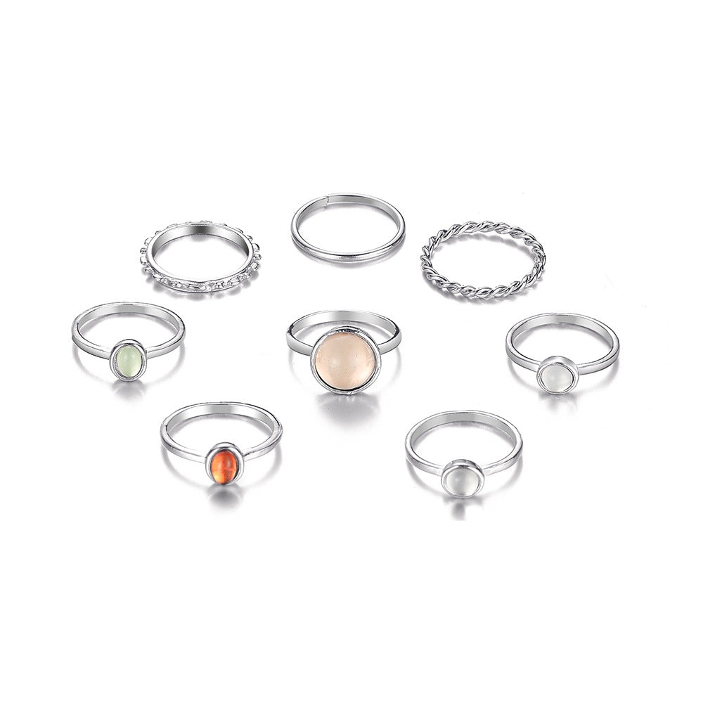 Simple Creative Artificial Gem Inlaid Gold Sliver Metal Open Ring 6-piece Set