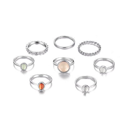 Simple Creative Artificial Gem Inlaid Gold Sliver Metal Open Ring 6-piece Set
