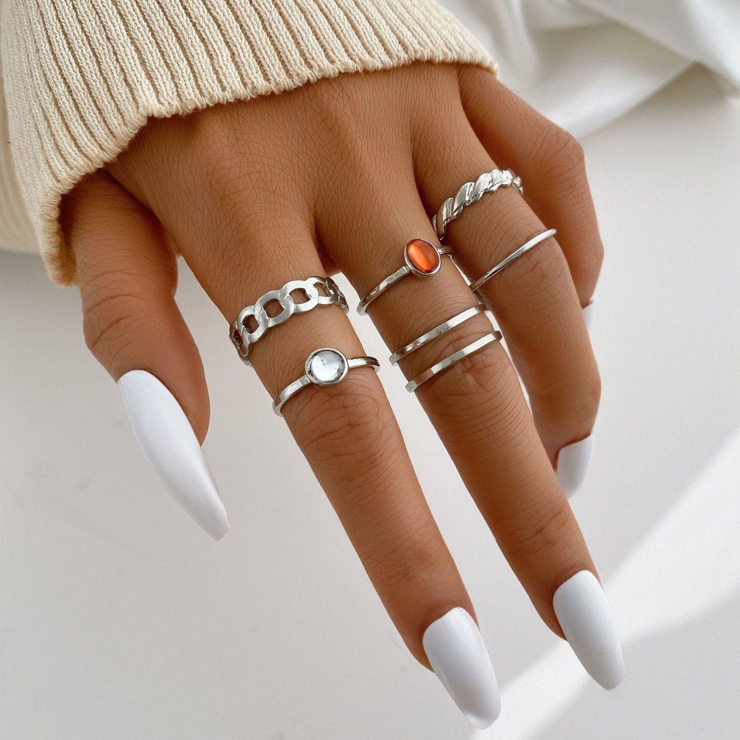 Simple Creative Artificial Gem Inlaid Gold Sliver Metal Open Ring 6-piece Set