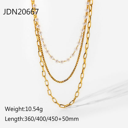 Fashion 18k Gold Stainless Steel Small Pearl Chain Three-layer Necklace Women