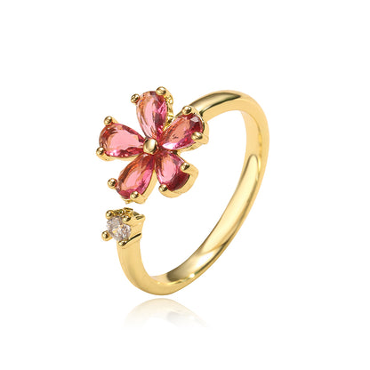 Fashion Cute 18k Gold Plated Flower-shaped Zircon Inlaid Open Ring Female