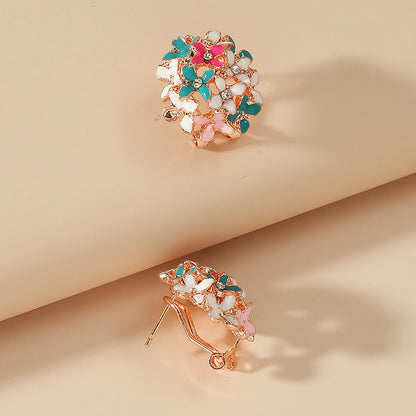 Fashion Colorful Round Hydrangea Drop Oil Diamond Flower Alloy Ear Clip